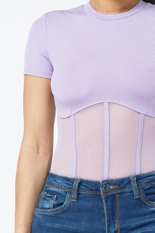 “Corset” Style Rib Mesh Bodysuit Purple Size XL - Image 4