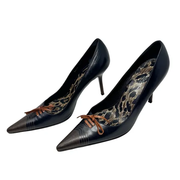 Dolce & Gabbana Black Leather Pointed Toe Lace Up Detail Leopard Pump 39 - Image 4
