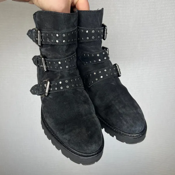 M.Gemi Black‎ Suede Studded Triple Buckle Moto Boots Made in Italy Size 38 - Image 2