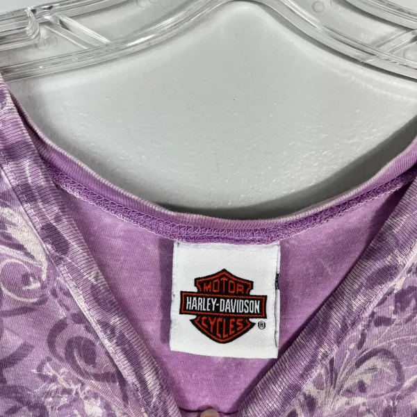 Harley Davidson Y2K Purple Leopard Print Fitted Script Logo Biker T-Shirt Large - Image 3