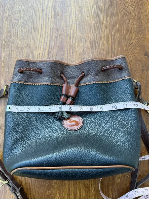 Vintage Dooney & Bourke All Weather Leather Black Brown Drawstring Bucket Bag - Image 10