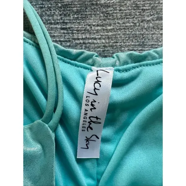 Lucy In The Sky Aquamarine Blue Shimmer Ruched Bodycon Dress Small - Image 6