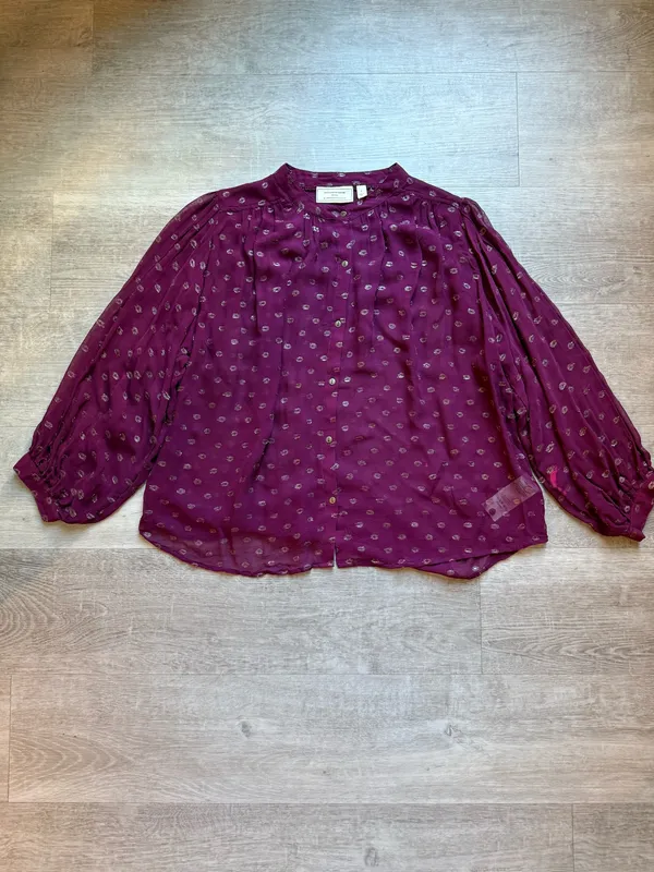 Moulinette Soeurs Anthropologie Allegra Gold Foil Printed Burgundy Blouse Size M - Image 3