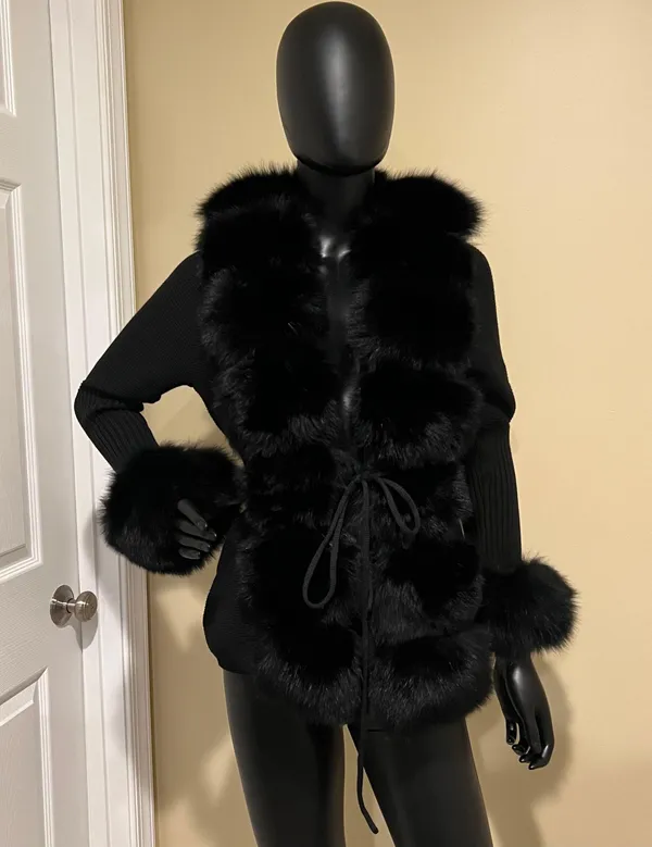 Real fox fur cardigan genuine fur collar trench coat parka jacket wool cape blazer - Image 2