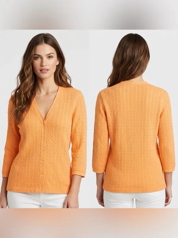 Lauren Ralph Lauren Women's Cable Knit 3/4 Sleeve V-Neck Cardigan Top Size Large - Image 2