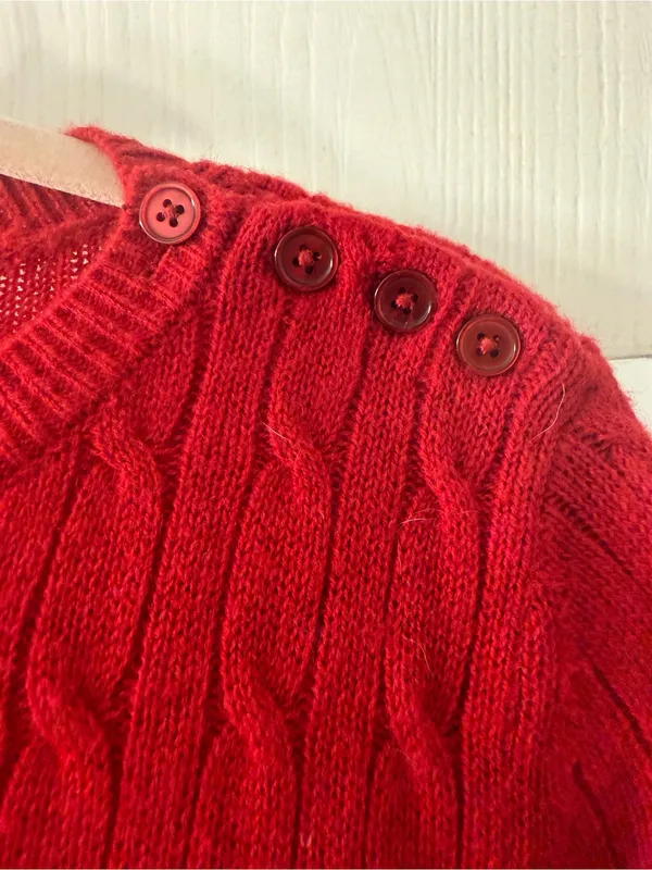 Talbots Red Cable-Knit Crewneck Sweater with Shoulder Buttons - Image 3