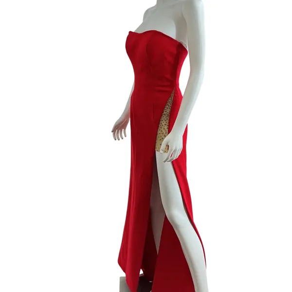 Sherri‎ Hill Red Strapless High Slit Rhinestone Mesh Formal Gown Dress Size 6 - Image 6
