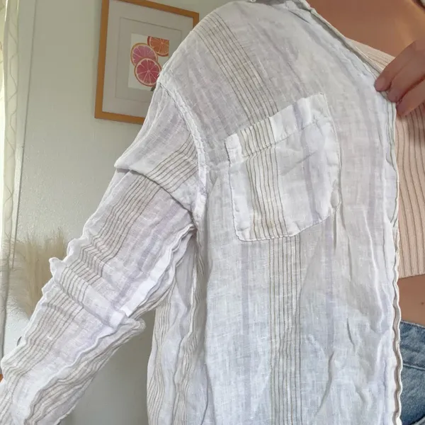 White linen button up shirt with ruffle collar and long sleeves #linen #summer - Image 2