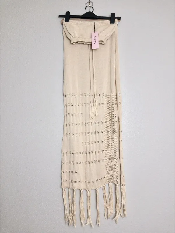 NWT [SET] Micas Knit Fringe Maxi Skirt M Beige Tassel Sheer Slit Bandeau Top - Image 4