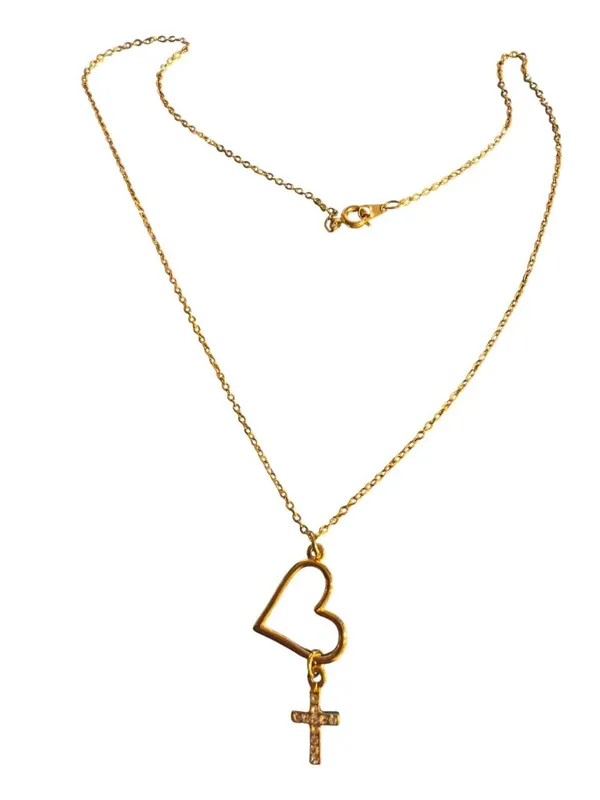 Gold Tone Heart Cross Pendant Necklace Clear Rhinestones Dangle Dainty 18" NWOT - Image 4