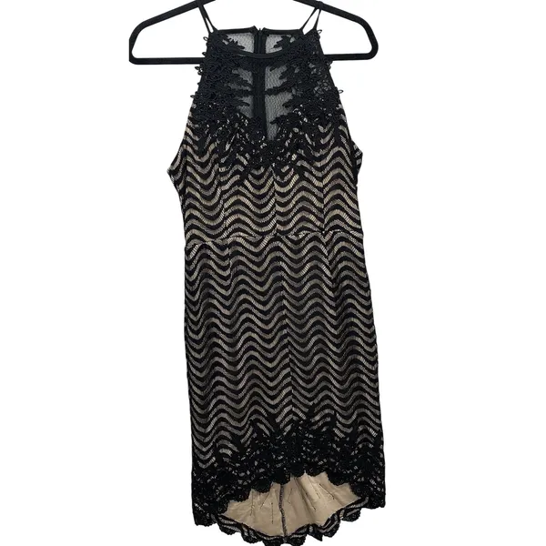 Nikibiki Lace‎ Chevron Mini Dress Womens Small Black Tan Halter High Neck D22947 - Image 7