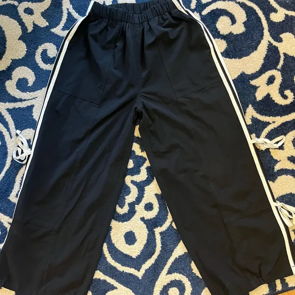Black Nylon Track Pants with White Side Ties Down Leg New Size XS - Image 7