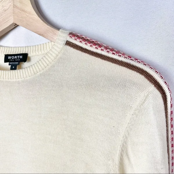 Worth Ivory Crew Neck Pullover Stripe Shoulder & Sleeve Wool Sweater S‎ - Image 4