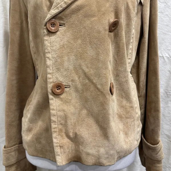 Y2K Live a Little Tan Suede Leather Double Breasted Pea Coat Jacket Small Preppy - Image 6