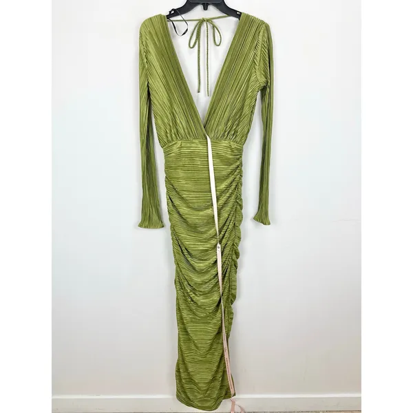 Lulus Seren Olive Green Plisse Surplice Maxi Dress Formal Long Sleeve Small NWT - Image 6