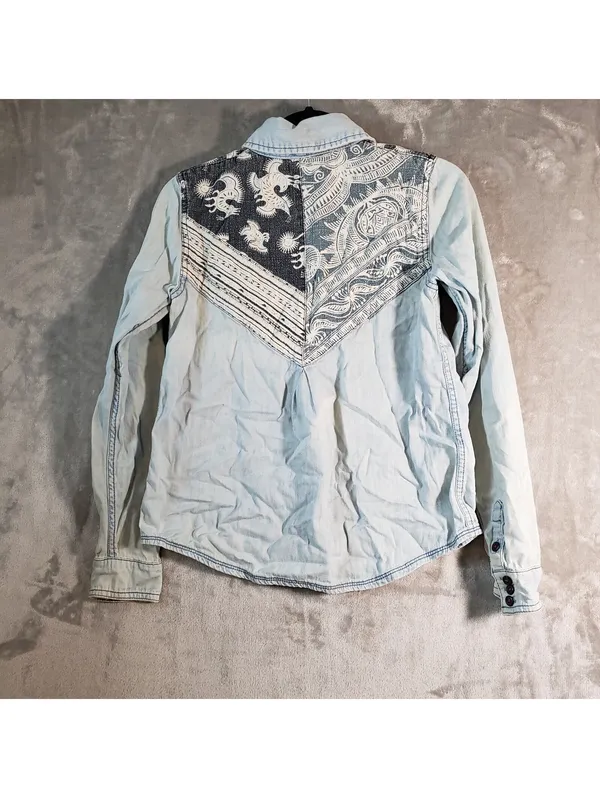 Free People XS Blue Denim Western Paisley Button-Up Shirt Pockets - Image 3