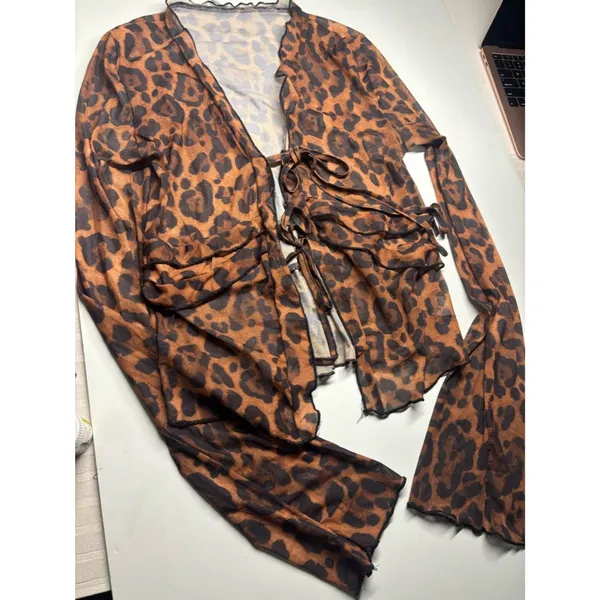 Leopard Print Mesh Tie Front Top Brown Black Ruffle Bell Sleeve Y2K Coquette - Image 2