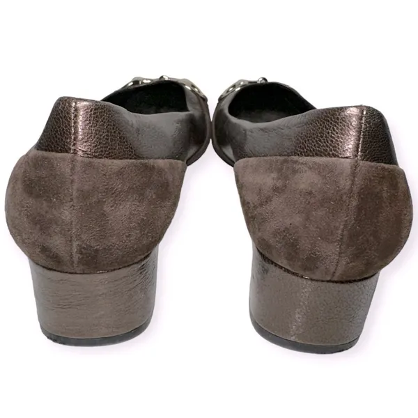 Jildor Women's Size 9 Brown Bronze Leather Suede Gold Horsebit Block Heels - Image 6