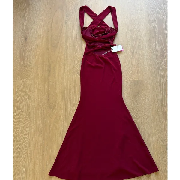 Beginning Boutique Maxi Dress Crepe Tie Back Beverley Size US2 Wine Dark Red - Image 3