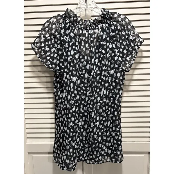 Duo Maternity Black/Cream Geo Sheer‎ Chiffon Short Sleeve Blouse Size M Ruffle - Image 5