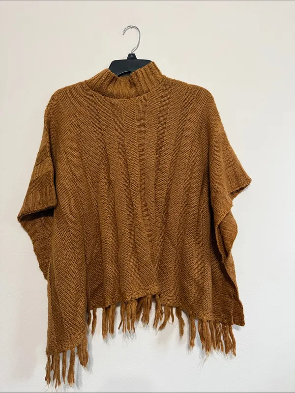 Ultra Flirt Cozy Fringe Mock Neck Poncho in Tan/Brown - Image 2