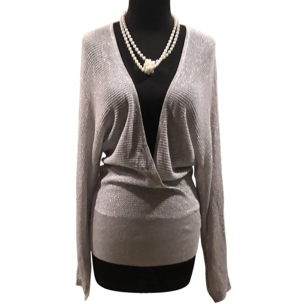 Cache Knit Silver Metallic Peek A Boo Faux Wrap Top New Banded Bottom $98 NWT - Image 11