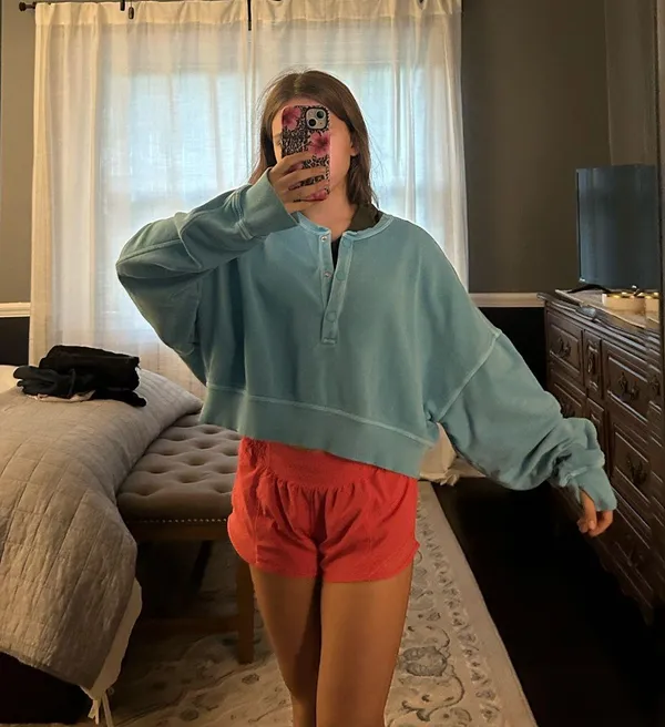 Aerie Crewneck Sweatshirt half button teal - Image 4