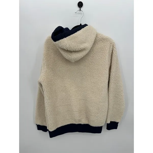 Old‎ Navy Womens Sherpa Pullover Hoodie Cream Navy Blue Medium Teddy Sweatshirt - Image 2