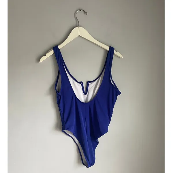 Blue Ribbed Low Back One Piece Swim Suit Bathing Suit‎ EUC Thong Minimalist Med - Image 2