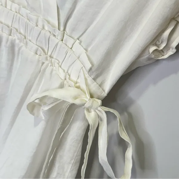 🍁 Zara Ruffle V-neck Mini Dress‎ Cinched Waist Ties White Small - Image 7