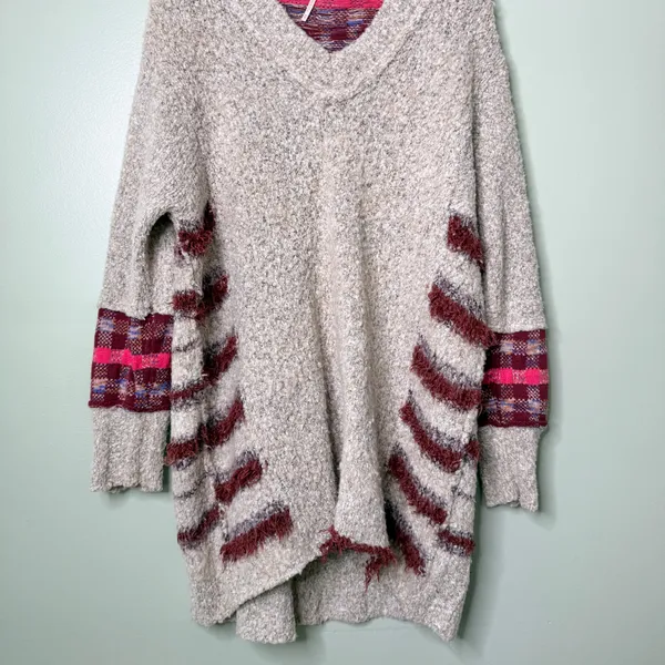 Free People Cloud Oversized Tunic Sweater V Neck Grey Tan Red Pink Size XS - Image 7