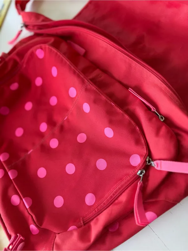 Jansport Red Oversized Messenger Bag with Pink Polka Dots - Image 8