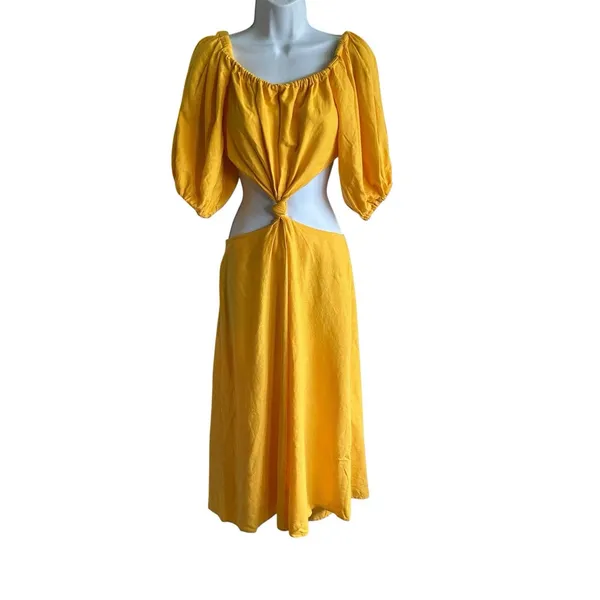 FARM RIO Midriff Dress Size S Yellow Puff Sleeve Off Shoulder Knotted Boho - Image 3