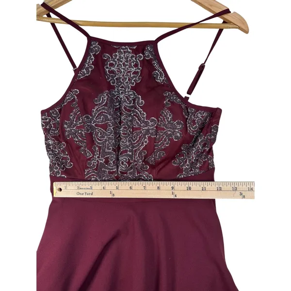 Speechless Burgundy Glitter Lace Fit & Flare Party Dress Size 5 High Neck - Image 4