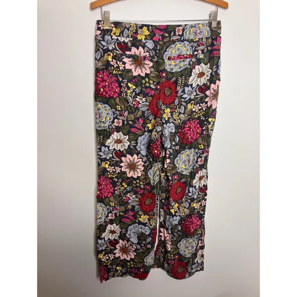 LOFT Floral Wide Leg Pants Women SP Navy Blue Excellent Drawstring Pockets - Image 4