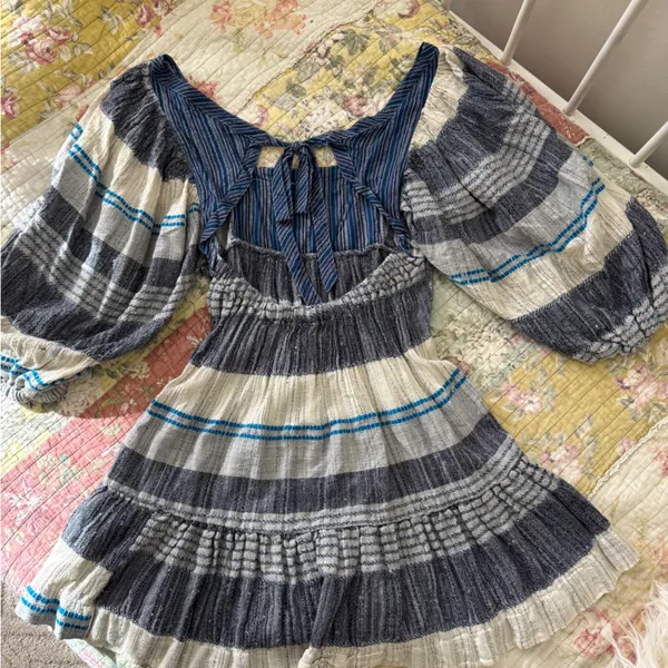 Free People All Lined Up Blue Multi Striped Puff Sleeve Mini Dress - Image 7