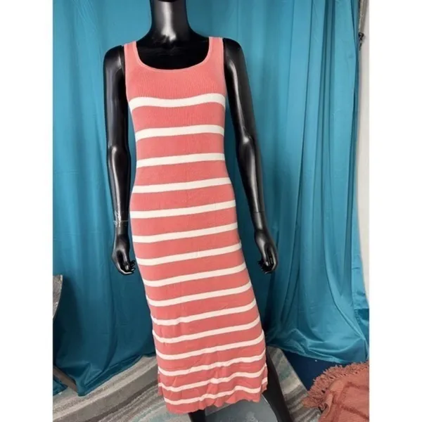 Time and Tru Coral Pink White‎ Striped Ribbed Knit Maxi Dress Sleeveless Small 6 - Image 2