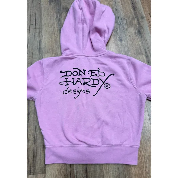 Ed Hardy Women S Pink Zip Hoodie New York City Skull Tattoo Y2K Graphic - Image 3