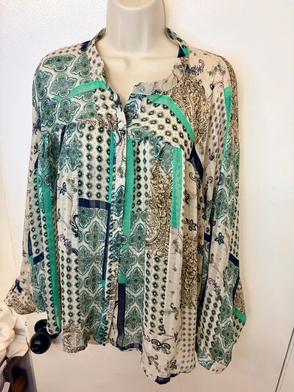 ee:Some Poet Balloon Sleeve Mixed Print Button Down Blouse Size L Paisley - Image 4