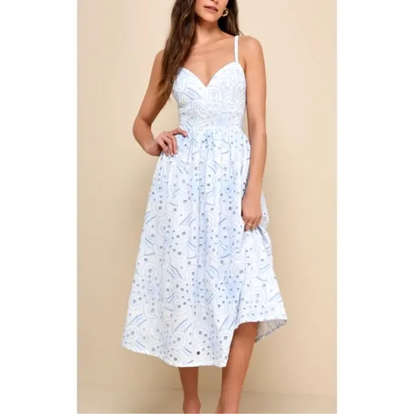 Lulus Floral Eyelet Embroidered Midi Dress Small White Blue Preppy Party Greece - Image 11