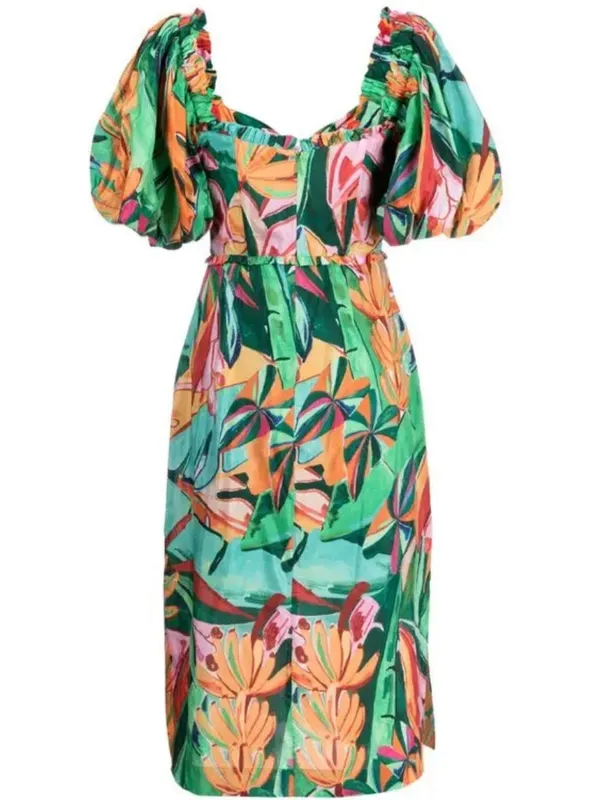 Farm Rio Puff-Sleeve Midi Dress Banana Leaf - Image 7