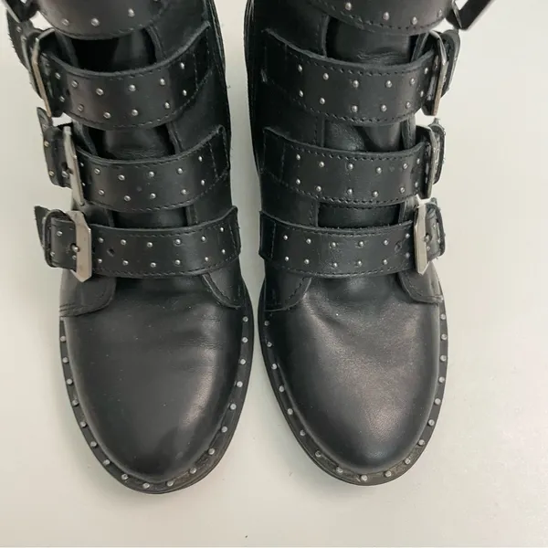 Steve Madden Boots Pursue Leather Ankle Buckles Studded Moto Motorcycle Black - Image 3