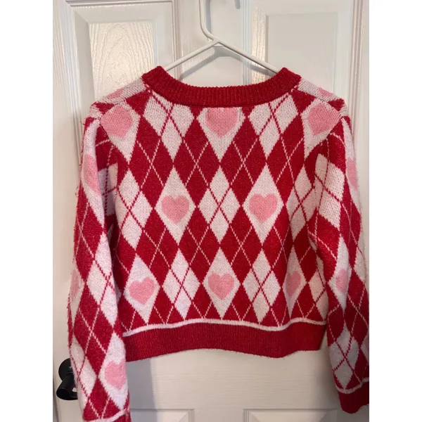 Jessica Simpson Heart Argyle Cardigan Sweater Red Pink White Size S NWT - Image 6