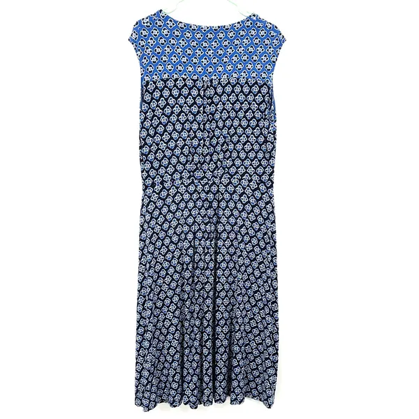 Boden Size US 14 Short Sleeve V-Neck‎ Midi Dress Blue Black Flower Print Pattern - Image 2