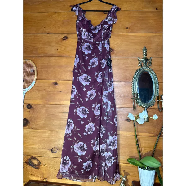 NWT Lulus Sweetest Entrance Plum Purple Floral Ruffled Tie-Back Maxi Dress Sz S - Image 2