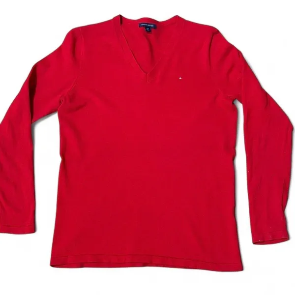 Y2K Tommy Hilfiger Red V-Neck Sweater Women's L 100% Cotton Tiny Logo Preppy - Image 9