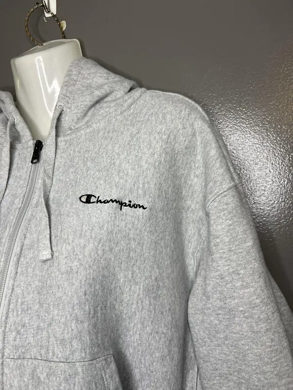 Champion Hoodie Womens XL Gray Full Zip Fleece Cropped Sweatshirt Logo Athletic - Image 5