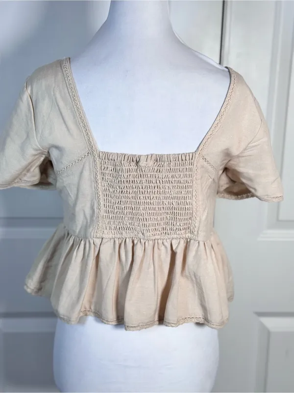Midnight sky Cream Linen Blend Eyelet Peplum Top S Square Neck Cottagecore Coquette Prairie - Image 5