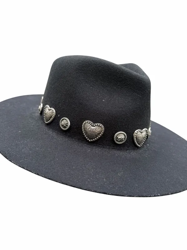 Wyeth Rochelle Boater Hat Black Wool Felt Western Heart Concho Vintage Cowgirl - Image 10