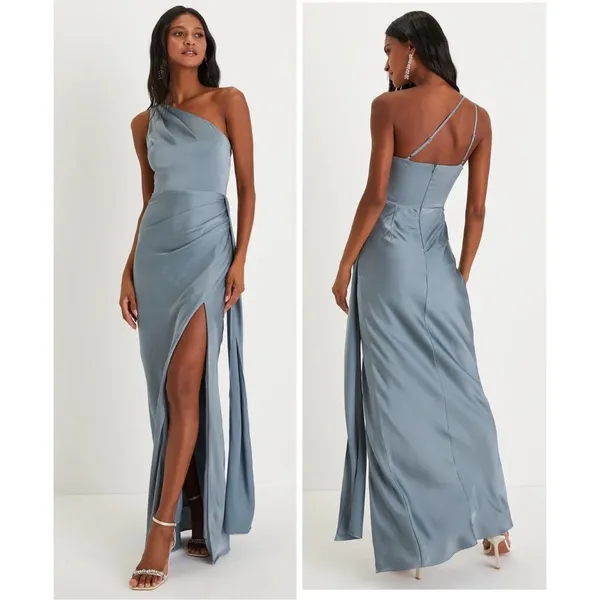Lulus Signature Elegance Slate Blue Satin One-Shoulder Maxi Dress size Medium - Image 2